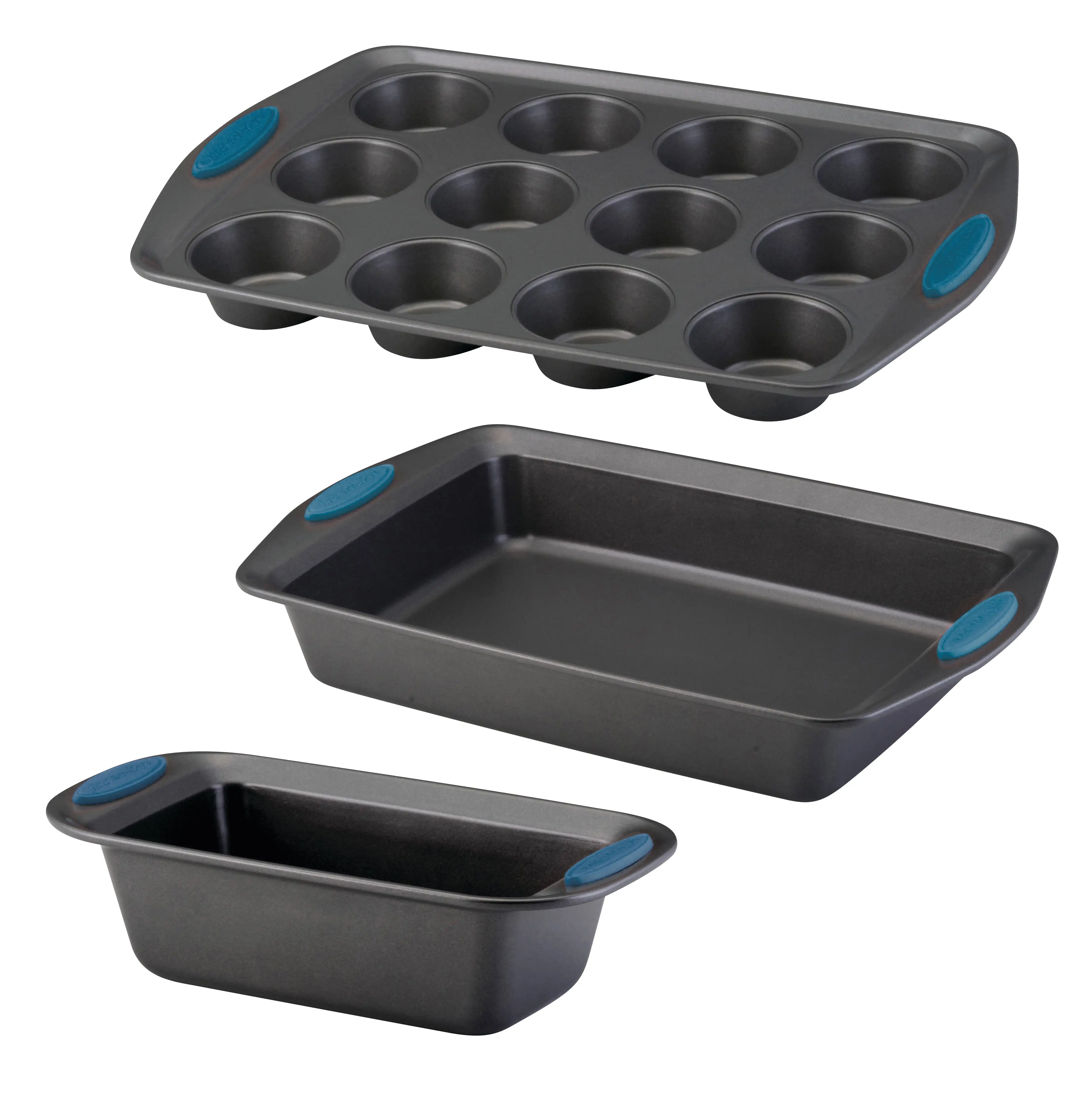Yum-o! 3 Piece Bakeware Oven Lovin' Nonstick Muffin, Loaf, and Cake Pan Set, Gray with Marine Blue Handles
Yum-o! 3 Piece Bakeware Oven Lovin' Nonstick Muffin, Loaf, and Cake Pan Set, Gray with Marine Blue Handles