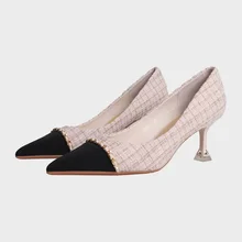 Small Perfumed Leather Gold Chain Pointy Pumps Tweed Fine Heel Temperament Single Shoes Spring 2023