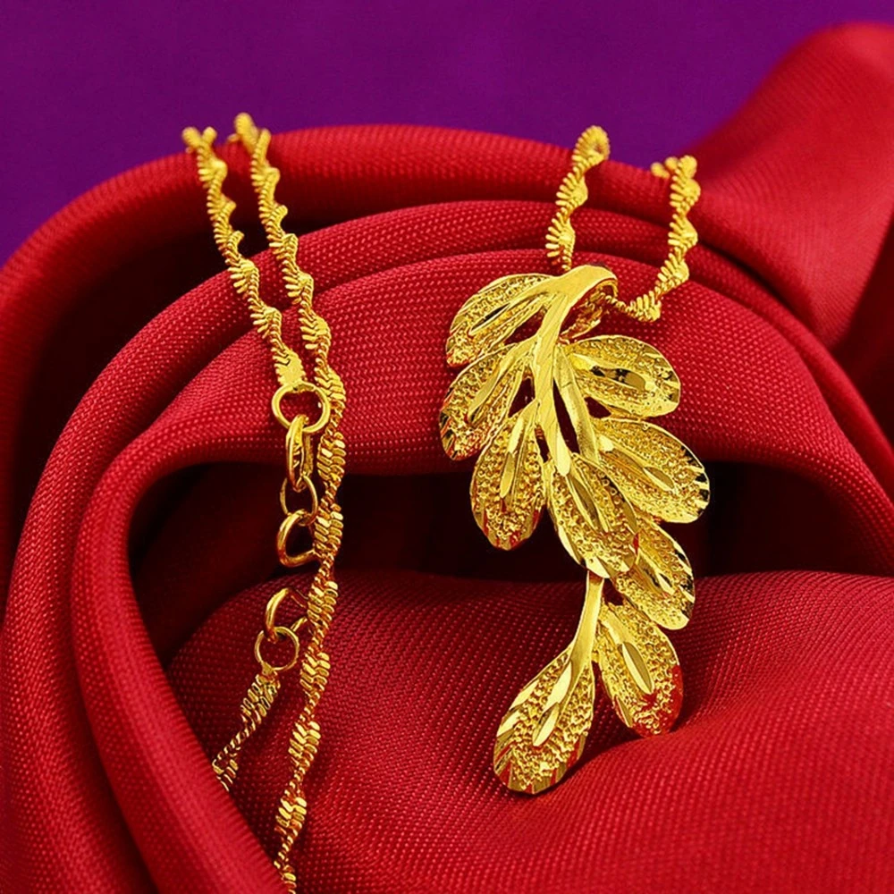 

Women Girls Pendant Chain Feather Leaf Patter Solid 18k Yellow Gold Filled Fashion Jewelry Exquisitive Gift