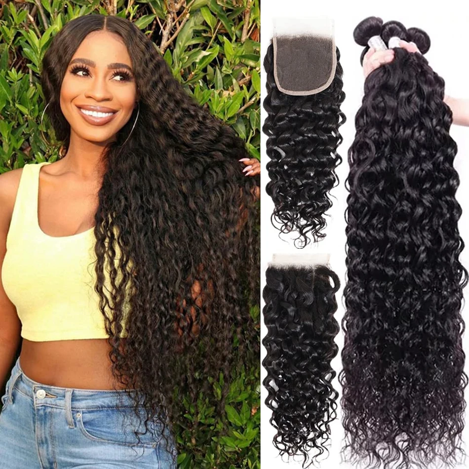 

Water Wave Bundles With Frontal Wet and Wavy Virgin Curly Loose Deep Human Hair Bundles With HD TransparentClosure Peruvian Hair