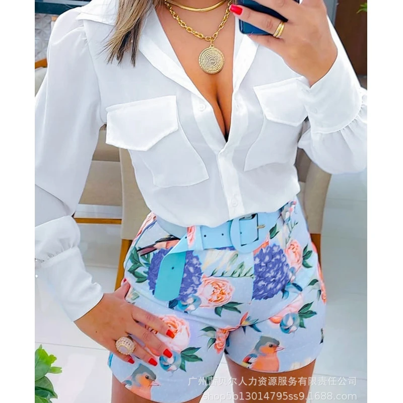 Women 2-Piece Suit Summer Cardigan Stitching Long Sleeve Single-Breasted Turn-down Collar Shirt High Waist Straight Shorts Suit
Women 2-Piece Suit Summer Cardigan Stitching Long Sleeve Single-Breasted Turn-down Collar Shirt High Waist Straight Shorts Suit