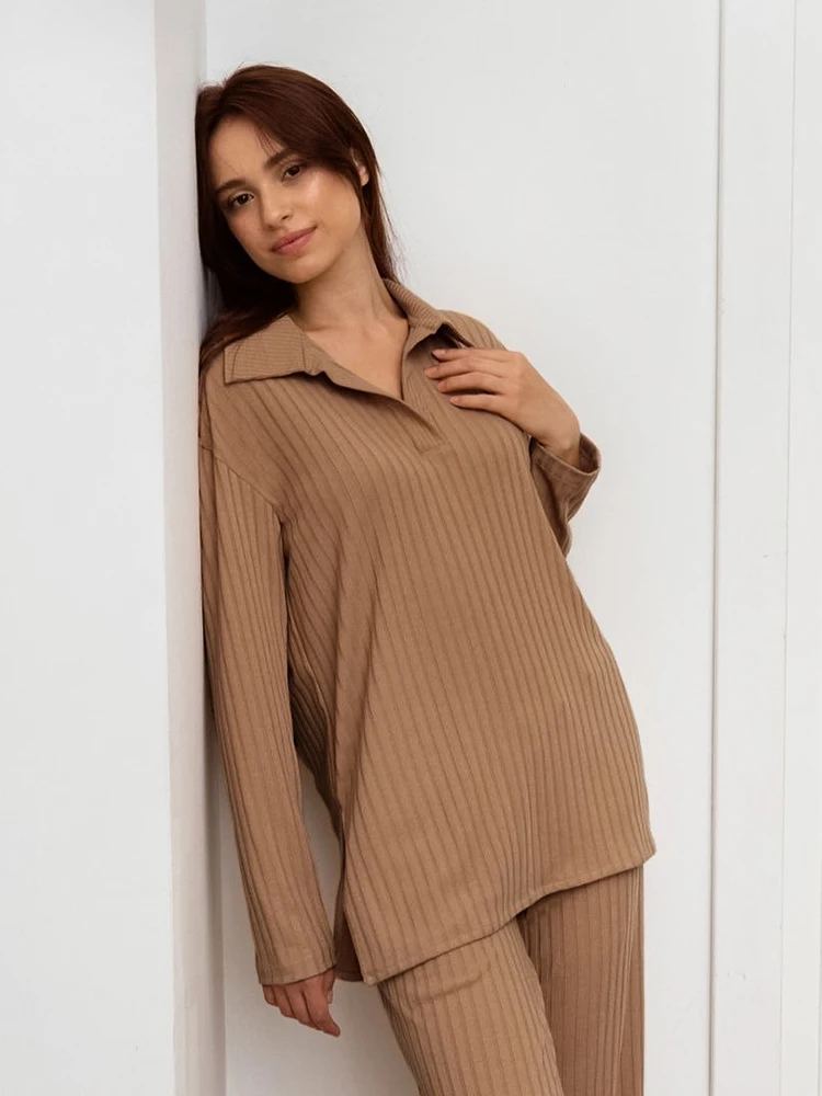 Hiloc Long Sleeve Ribbed Home Suit With Pants Knitted Women Sleepwear Turn Down Collar Women's Nightwear Sets Womens Outfits
Hiloc Long Sleeve Ribbed Home Suit With Pants Knitted Women Sleepwear Turn Down Collar Women's Nightwear Sets Womens Outfits