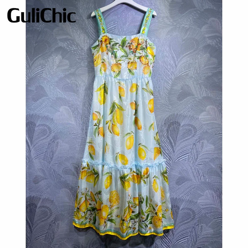 

6.10 GuliChic Fashion Runway Beach Style Spaghetti Strap Crystal Sequins Beading Lemon Floral Print Dress Women