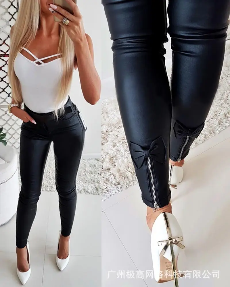 Women High Waist Skinny Slim Solid Color Pencil Pants Ankle Length Zipper Bow Trousers Pu 
Women High Waist Skinny Slim Solid Color Pencil Pants Ankle Length Zipper Bow Trousers Pu