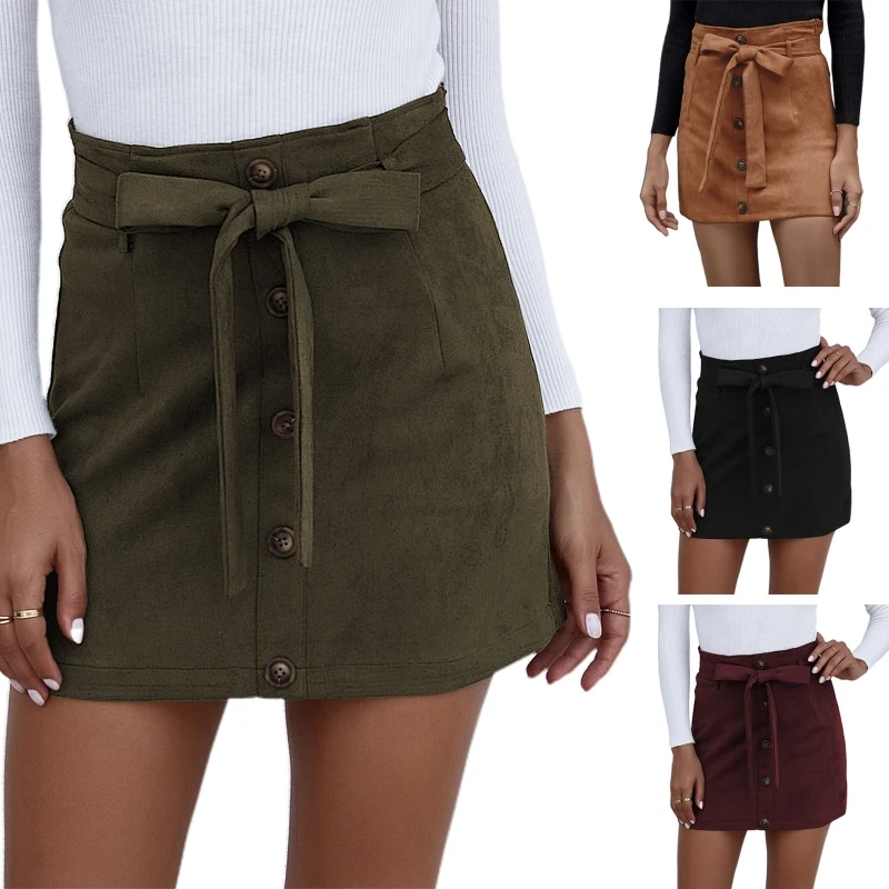 

Women Summer High Waist Button Front Belted Slim Mini Pencil Skirt Simple Solid Color Self Tie Casual Slim Fitted A-Line 10CD