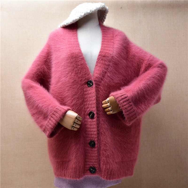 

Female Women Fall Winter Thick Warm Pink Hairy Mink Cashmere Knitted Long Sleeves V-Neck Loose Cardigans Angora Fur Coat Sweater
