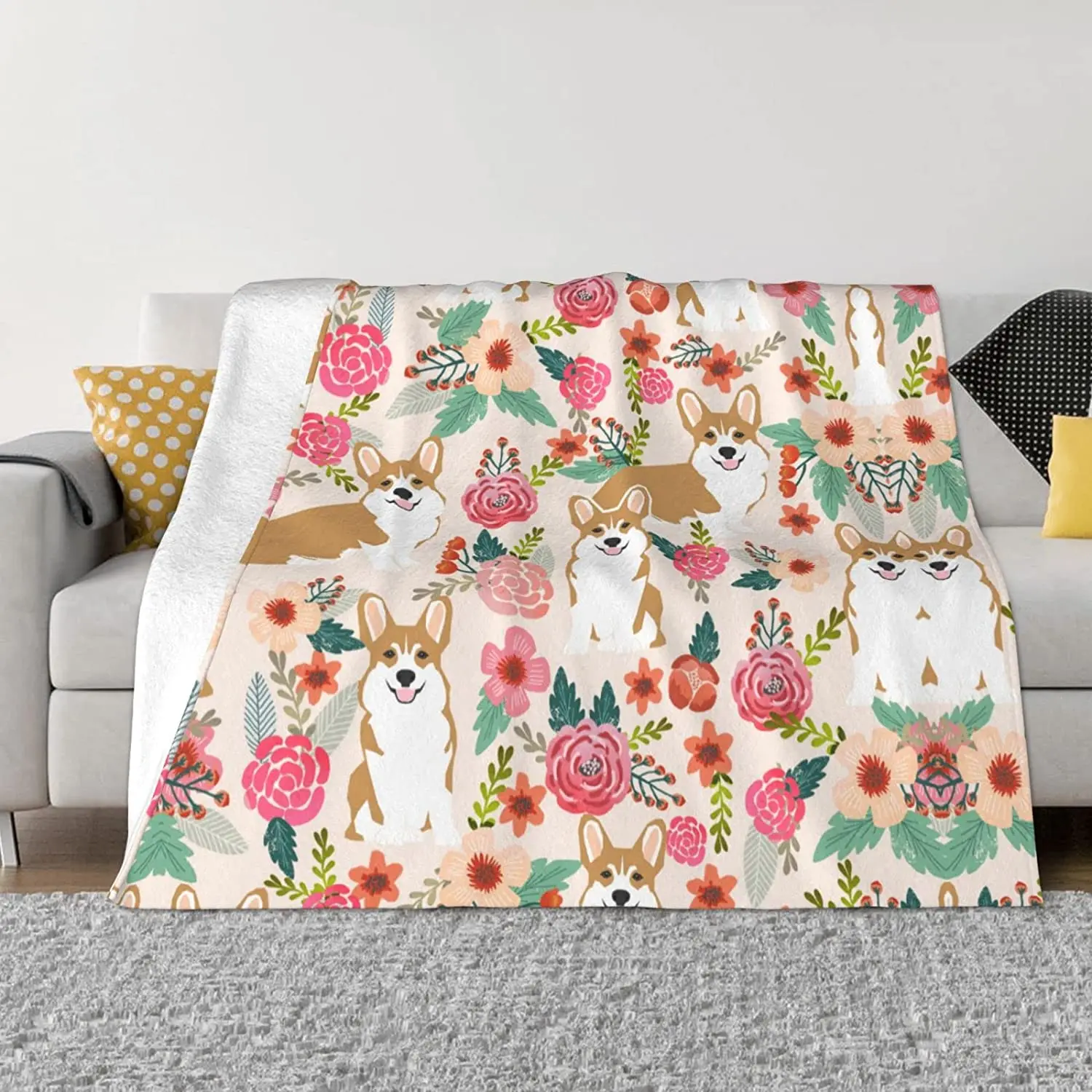 

Cute Cartoon Corgi Dog Peony Flower Blanket Fluffy Soft Fleece Lightweight Warm Flannel Throw Blankets Plush Sheet Bedspread Rug