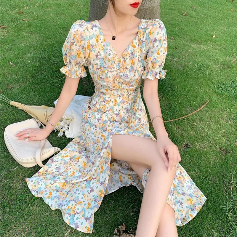 Summer Chiffon Puff Sleeve short Sleeved V-neck Floral Dress Woman French Temperament Long Split A-line Dresses Sexy Vestidos
Summer Chiffon Puff Sleeve short Sleeved V-neck Floral Dress Woman French Temperament Long Split A-line Dresses Sexy Vestidos