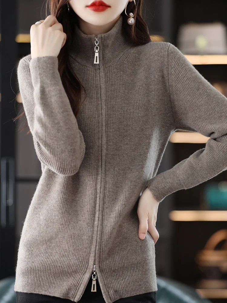 

Autumn And Winter2022 Women's New100% Wool Solid Collar Double Zipper Knitted Cardigan Fashion Simple and Fine Warm Commuter Top