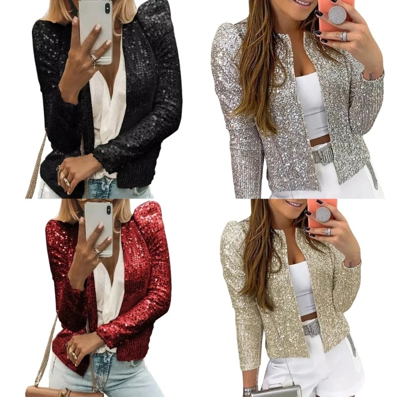 Women Long Sleeve Glitter Coat Sparkly Sequins Solid Color Short Jackets Outwear
Women Long Sleeve Glitter Coat Sparkly Sequins Solid Color Short Jackets Outwear