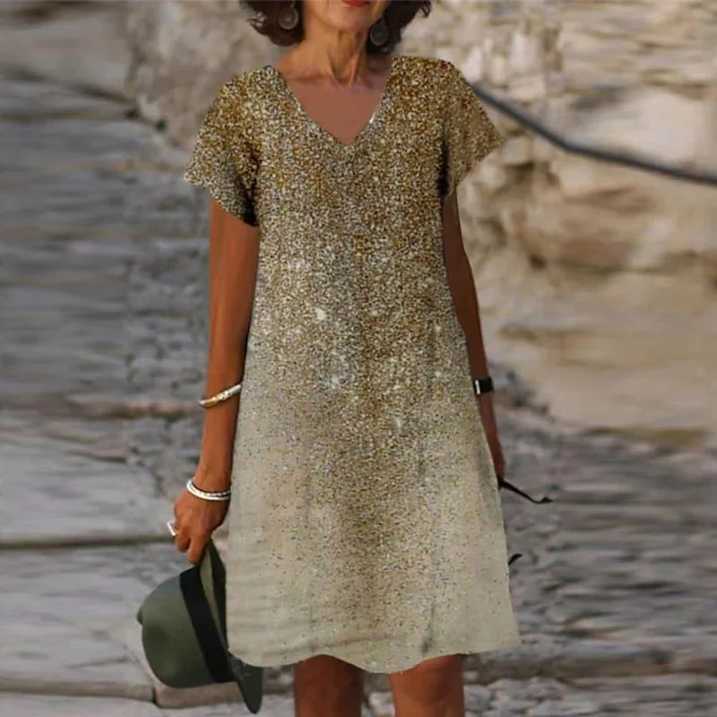 Женское платье-миди с коротким рукавом, V-образным вырезом и цветочным принтом 
Женское платье-миди с коротким рукавом, V-образным вырезом и цветочным принтом