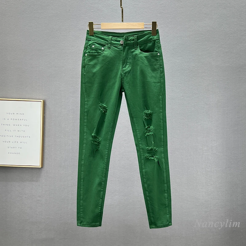 Ripped Jeans for Women 2022 New Summer Elastic High Waist Slim Fit Ripped Holes Solid Color Pencil Pants Denimwear Green White
Ripped Jeans for Women 2022 New Summer Elastic High Waist Slim Fit Ripped Holes Solid Color Pencil Pants Denimwear Green White