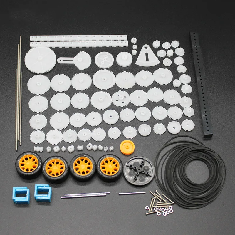 78 Kinds Of Gear Bags Toy Wheels Pulleys Axles Screws Plastic Strips Accessories DIY Manual Material Kits 
78 Kinds Of Gear Bags Toy Wheels Pulleys Axles Screws Plastic Strips Accessories DIY Manual Material Kits