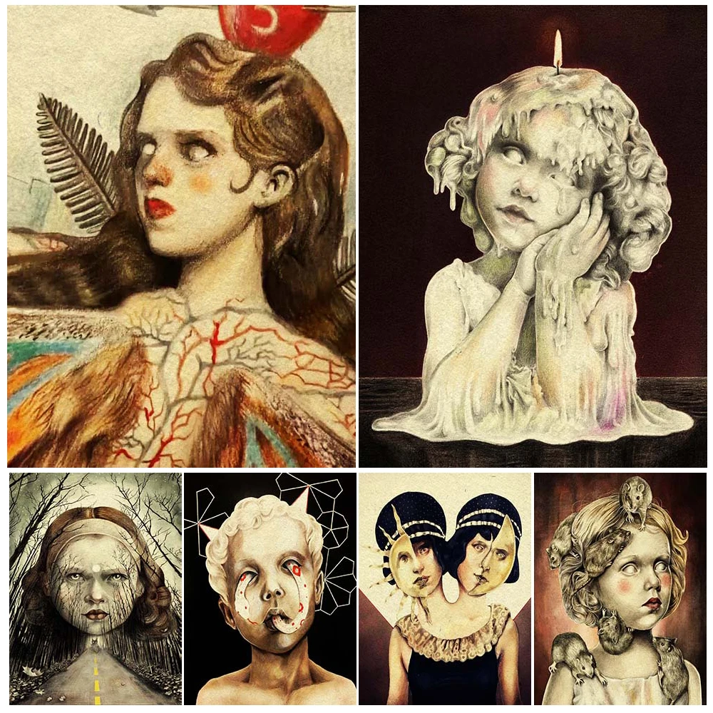 

Mushrooms And Birds Emerging From Eye Sockets Horror Girl Art Poster Print Fantasy Gothic Girl Wall Art Canvas Painting Decor