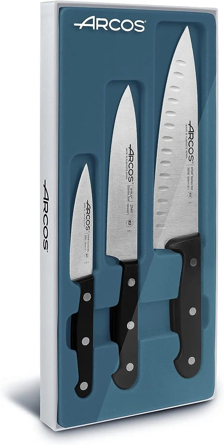 Set 3 pieces Stainless Steel. 2 Chef Knives + 1 Paring Knife. Professional Kitchen Knives for Cooking. Ergonomic Polyoxymethylen
Set 3 pieces Stainless Steel. 2 Chef Knives + 1 Paring Knife. Professional Kitchen Knives for Cooking. Ergonomic Polyoxymethylen