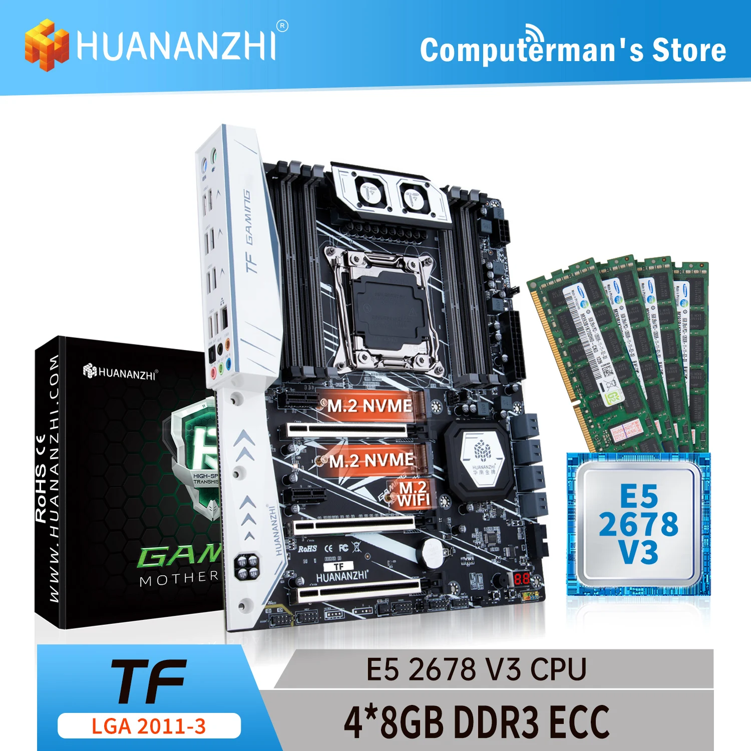 HUANANZHI TF LGA 2011-3 Motherboard combo kit set CPU Intel XEON E5 2678 V3 Memory 4*8G DDR3 RECC 1600 memory M.2 NVME USB ATX
HUANANZHI TF LGA 2011-3 Motherboard combo kit set CPU Intel XEON E5 2678 V3 Memory 4*8G DDR3 RECC 1600 memory M.2 NVME USB ATX