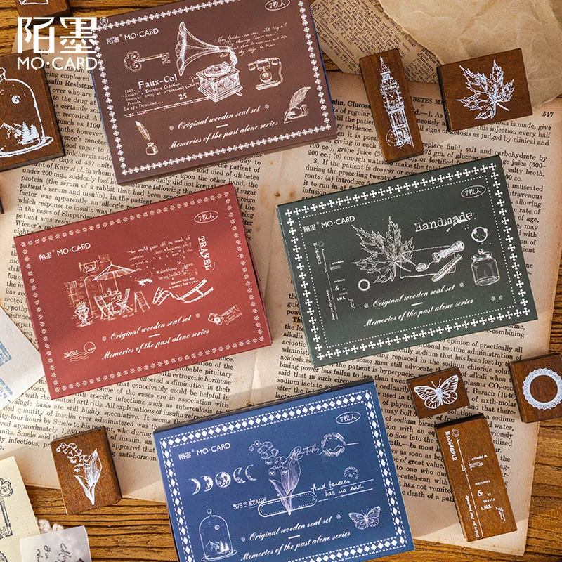 

7pcs/1set Vintage Wooden Stamp solitary memory of the past Card Making Painting Teaching