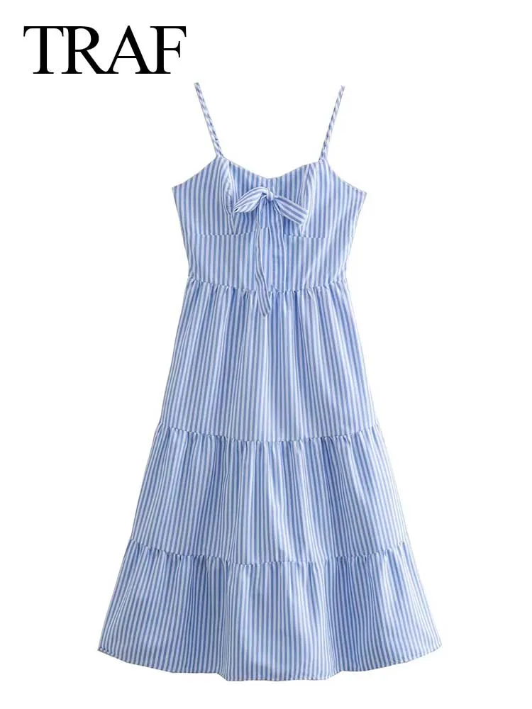 

TRAF Elegant Sling Lady Dress Blue White Vertical Stripes Tube Top Bow Slim Sexy Ruffle Hem Swing Skirt Sweet Cute Style Summer