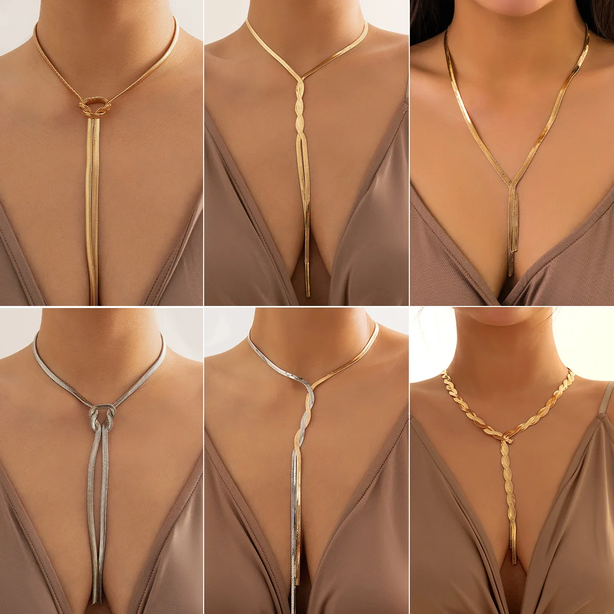 

Simple long snake bone chain choker Metallic design Sensory chain fringe necklace Popular vintage ladies adornment necklace