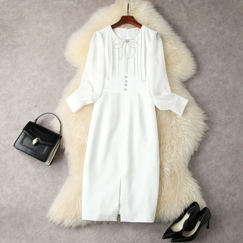2022 New Long Sleeve Lantern Sleeve Nail Bead Fashion White Dress with A Slit European and American Women's Wear Spring
2022 New Long Sleeve Lantern Sleeve Nail Bead Fashion White Dress with A Slit European and American Women's Wear Spring