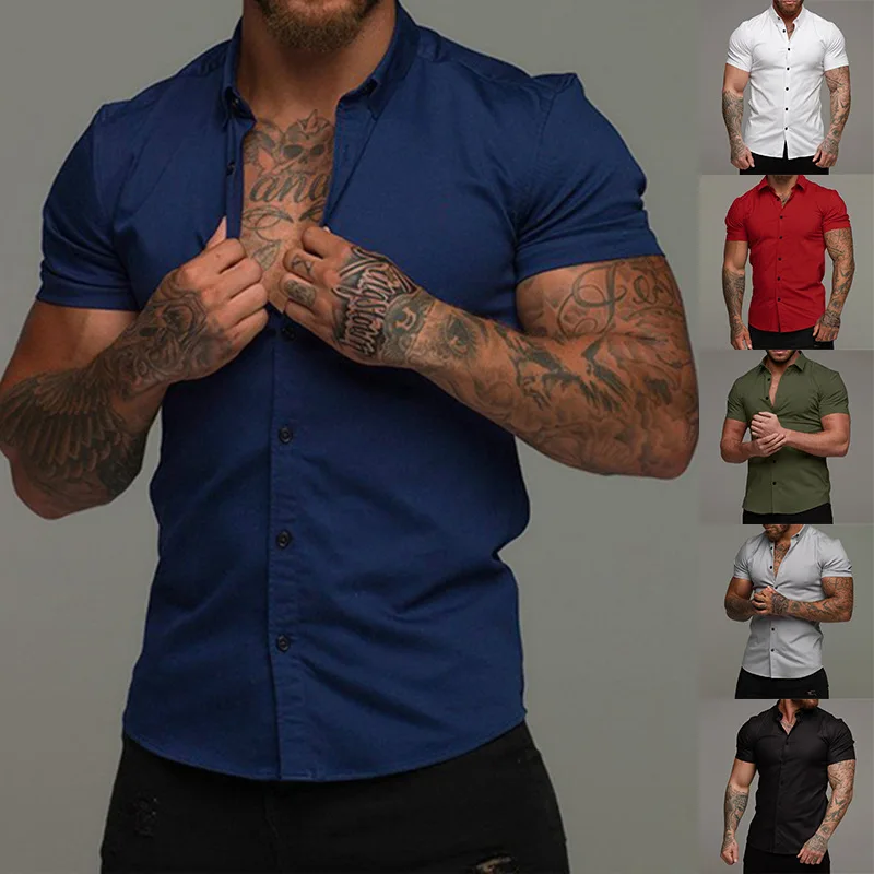 Muscle men fitness short-sleeved lapel shirt elastic thin section solid color sports casual cardigan business non-iron shirt
Muscle men fitness short-sleeved lapel shirt elastic thin section solid color sports casual cardigan business non-iron shirt