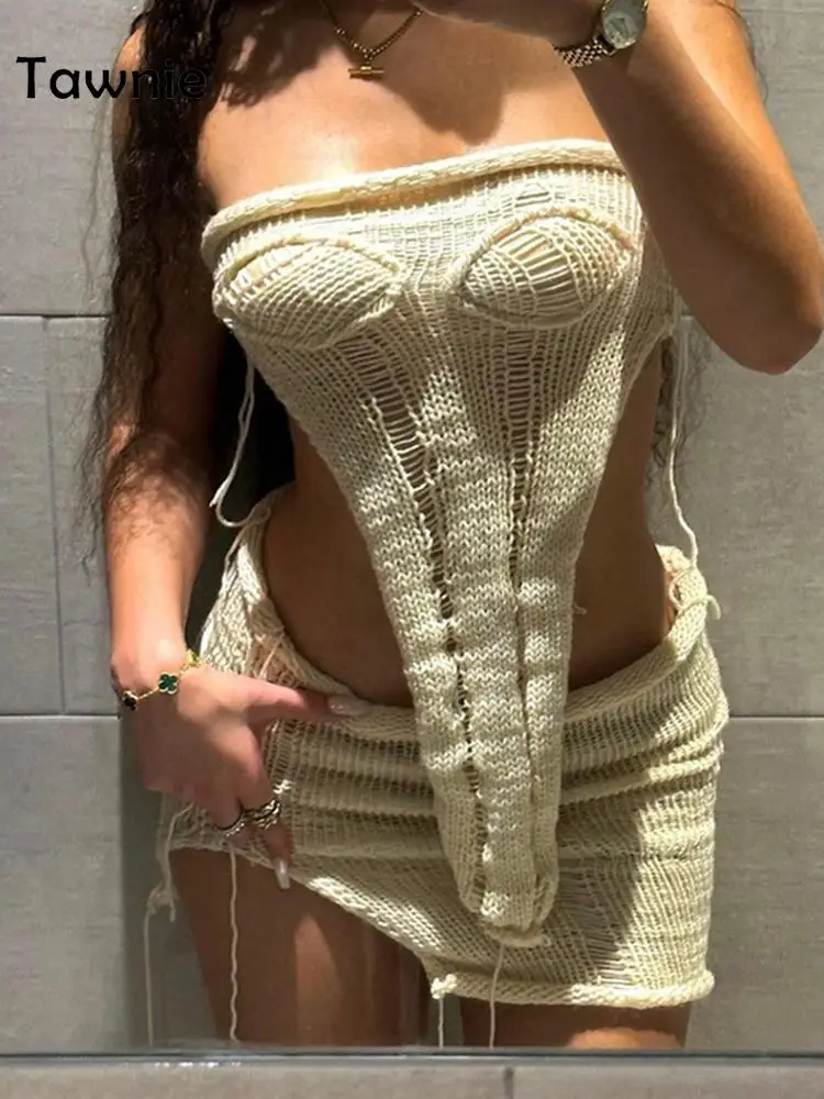

Tawnie Knitted Dress Set Women 2023 Summer Solid Strapless Backless Crop Top Mini Skirt 2 Piece Set Beach Outfits Party Clubwear