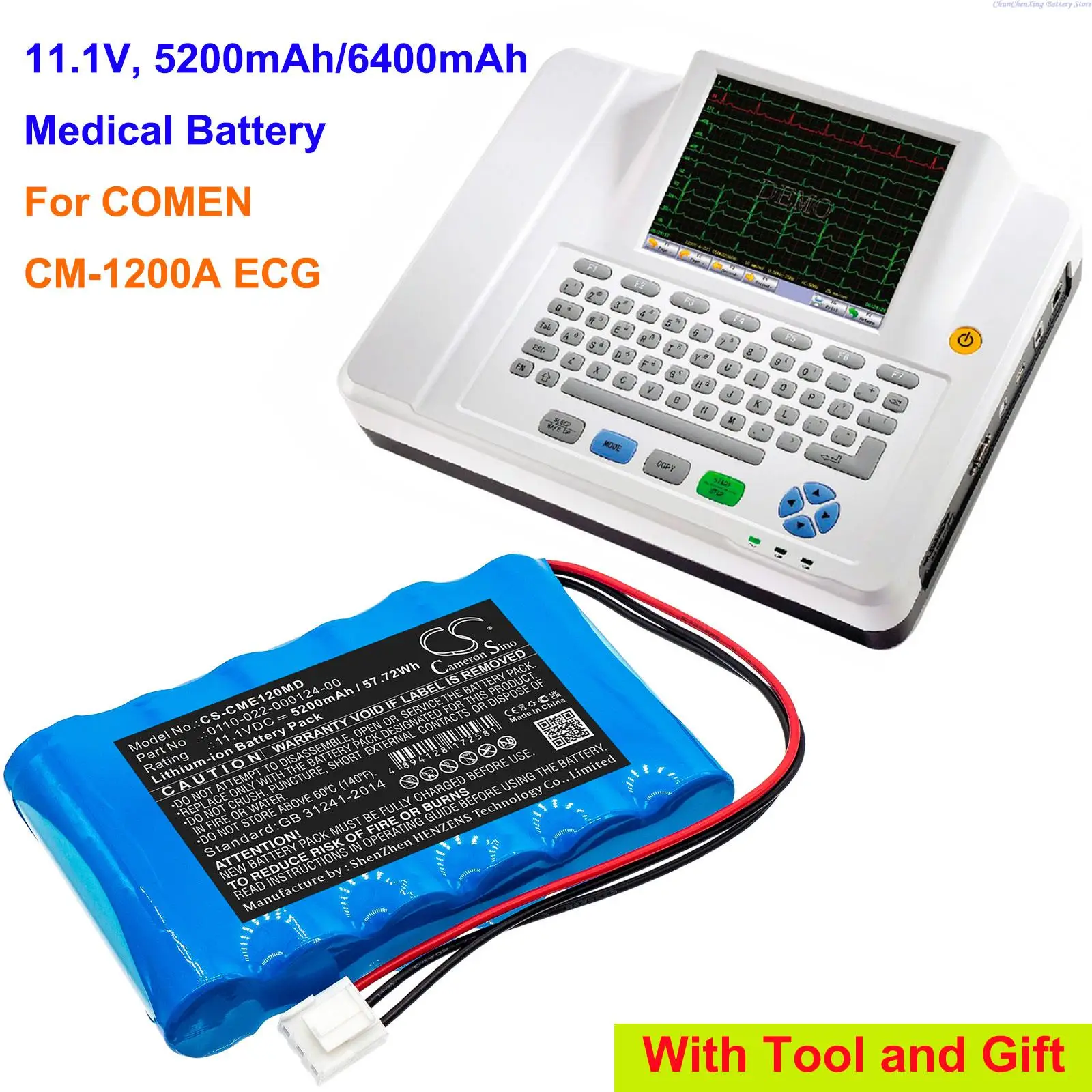 

Медицинский аккумулятор CS 5200 мА · ч/6400 мА · ч 0110-022-000124-00 для COMEN CM-1200A ECG, это 11,1 В и 6 ячеек