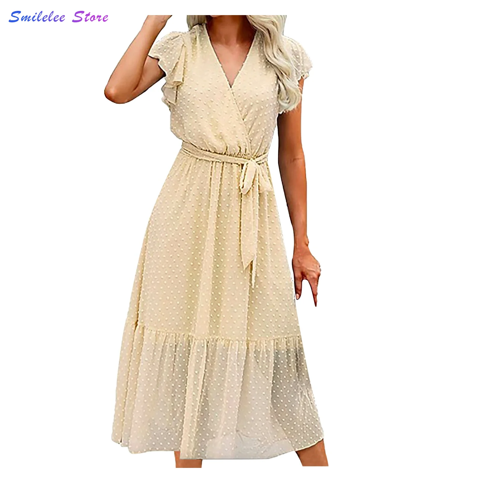 Feitong Women Dot Chiffon Solid Color V-neck Tie Mid Waist Short Sleeve Long Dress Roupas Femininas Polka Dot Print 2022
Feitong Women Dot Chiffon Solid Color V-neck Tie Mid Waist Short Sleeve Long Dress Roupas Femininas Polka Dot Print 2022