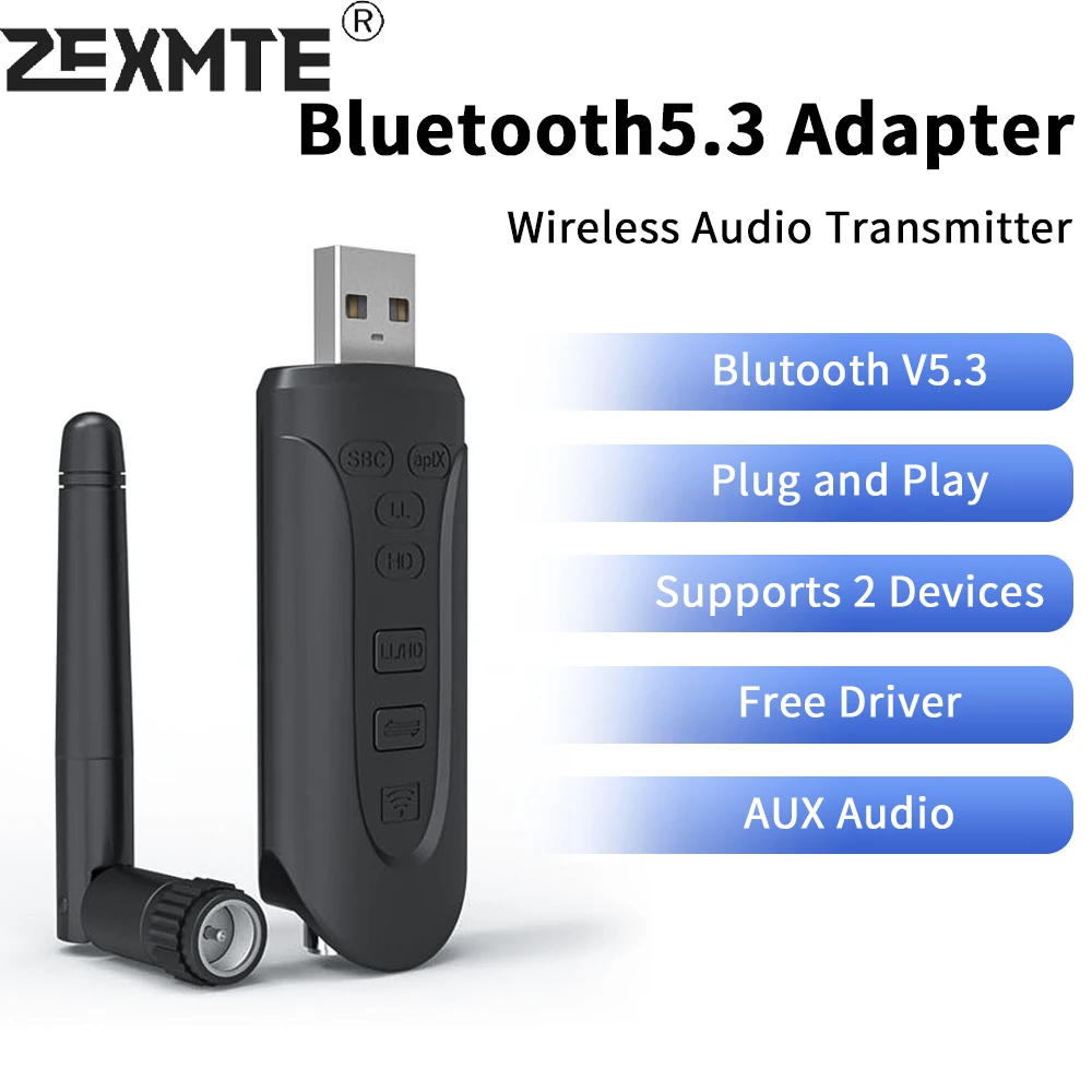 

Zexmte Bluetooth 5.3 Adapter Wireless Bluetooth Audio USB Transmitter High Fidelity Sound Quality Supports Apt-x for PC TV Phone