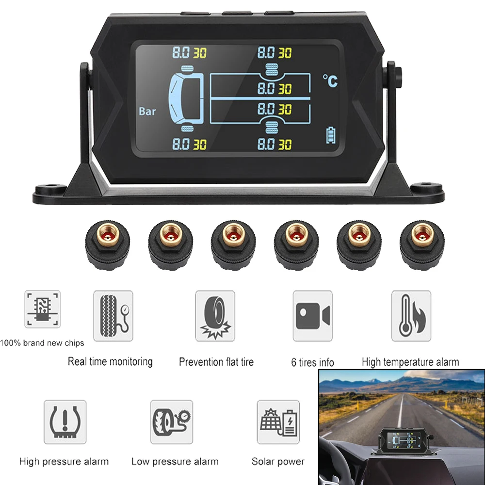 6 External Car Wireless Tire Pressure Monitor TPMS Sensor 15/8 Bar Temperature Alarm System Car Alarm LCD USB Solar Truck Dedica
6 External Car Wireless Tire Pressure Monitor TPMS Sensor 15/8 Bar Temperature Alarm System Car Alarm LCD USB Solar Truck Dedica