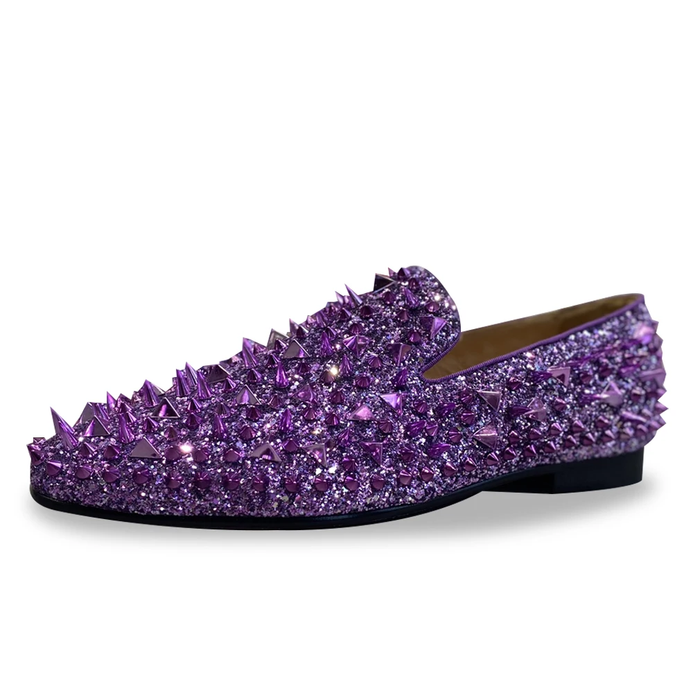 Calfskin Leather Purple Crystal Spikes Loafers Shoes Luxury Design Red Bottom Slip on Punk Party Wedding Man Moccasins Shoes
Calfskin Leather Purple Crystal Spikes Loafers Shoes Luxury Design Red Bottom Slip on Punk Party Wedding Man Moccasins Shoes