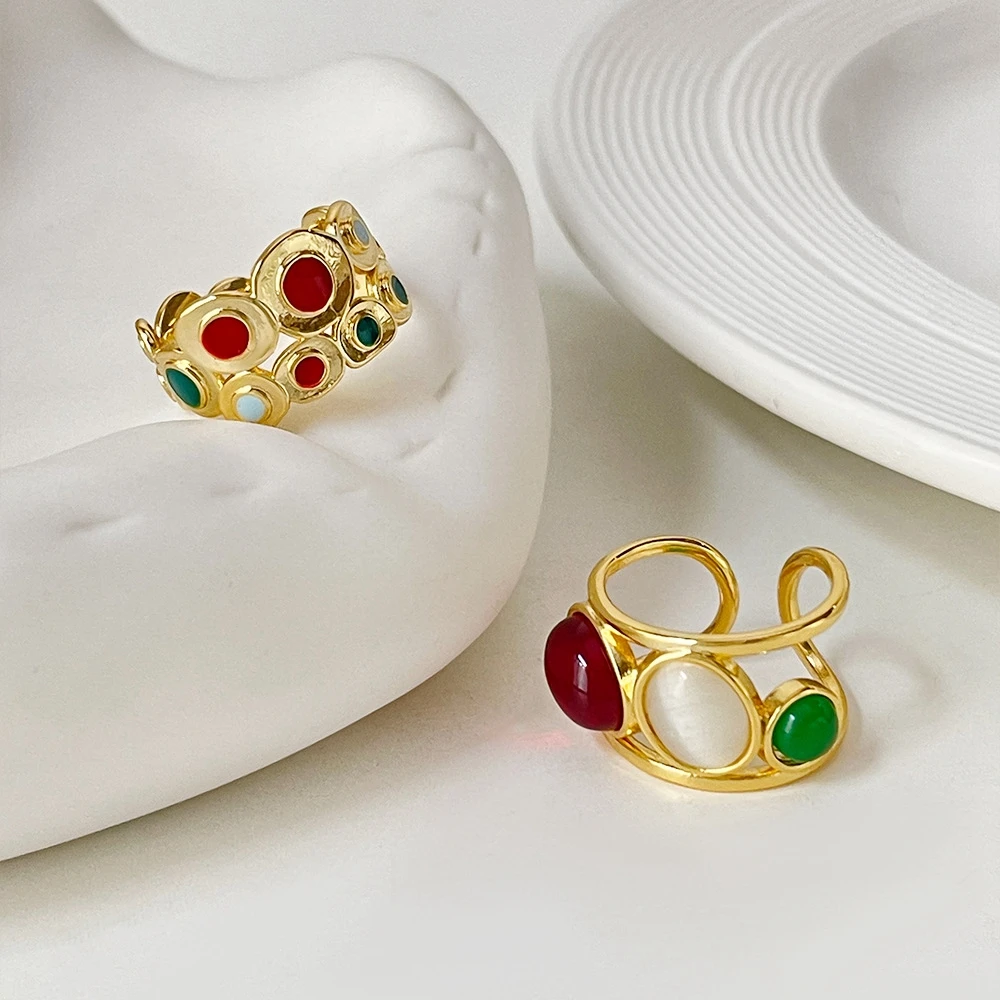 

Minar Luxury Multicolor Enamel Polka Dot Chunky Ring for Women Hollow Out Layers Bling Opal Gem Wide Open Finger Rings Jewellery