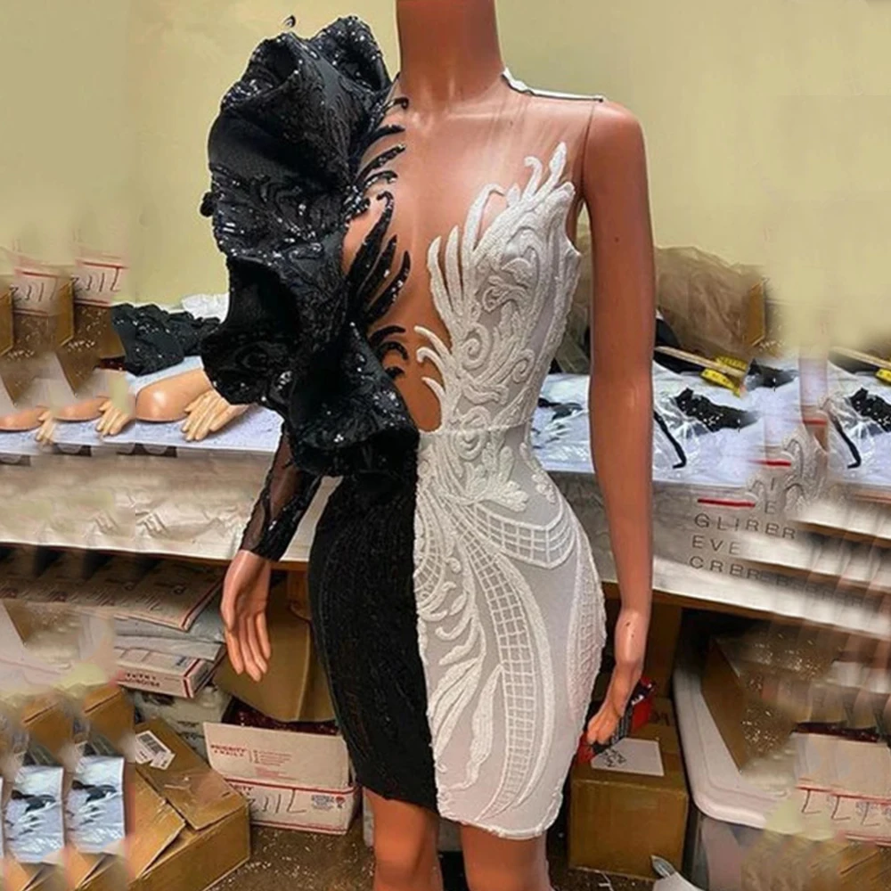 Charming Mini Cocktail Dresses Black and White One Shoulder Long Sleeve Ruffles O-Neck Women Party Prom Dress Custom Gowns 
Charming Mini Cocktail Dresses Black and White One Shoulder Long Sleeve Ruffles O-Neck Women Party Prom Dress Custom Gowns