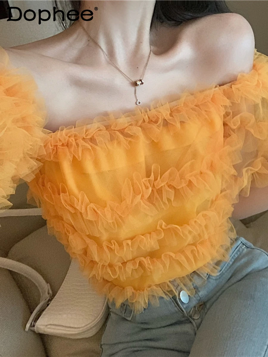 Elegant Sweet Mesh Layered Ruffles Sexy Off-Shoulder Short Sleeve T-shirt Top Women Elastic Slim Tshirt 2022 New Summer Clothes
Elegant Sweet Mesh Layered Ruffles Sexy Off-Shoulder Short Sleeve T-shirt Top Women Elastic Slim Tshirt 2022 New Summer Clothes