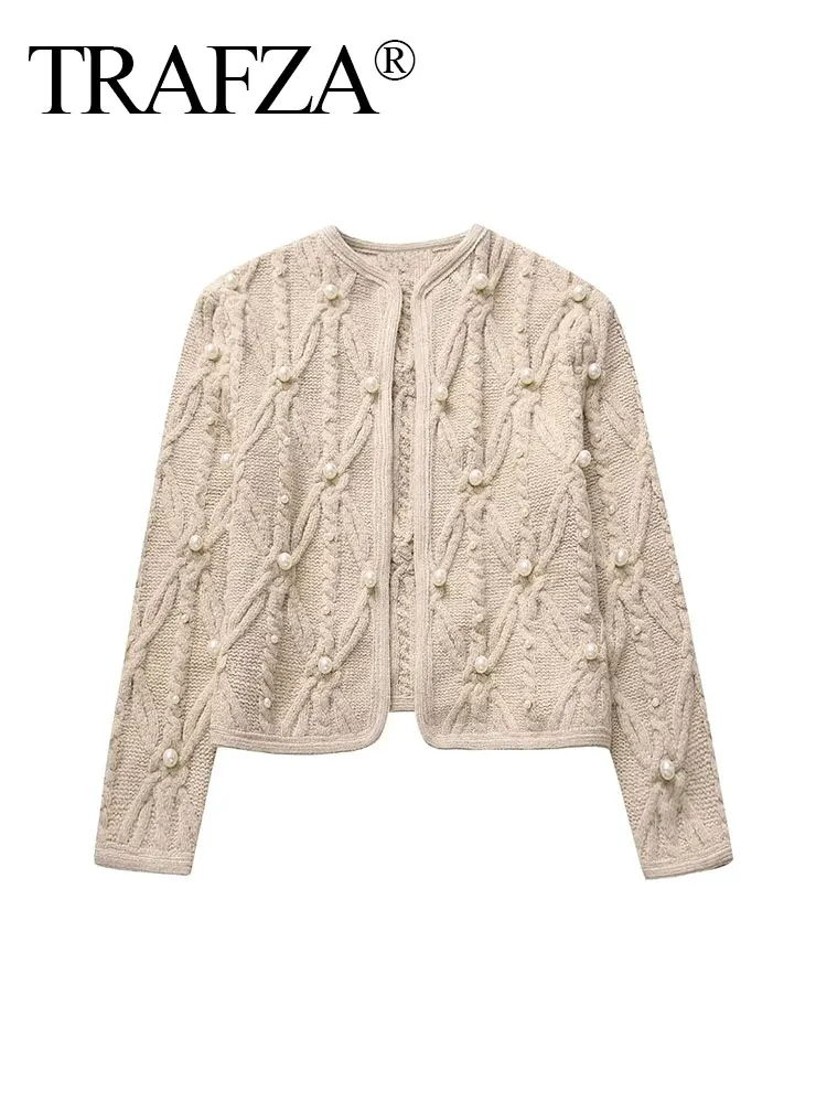 

TRAFZA Autumn Artificial Pearl Decoration Eight-ply Knitted Long Sleeve Jacket Women's Slim Sweater Fashionable Women's Cardigan