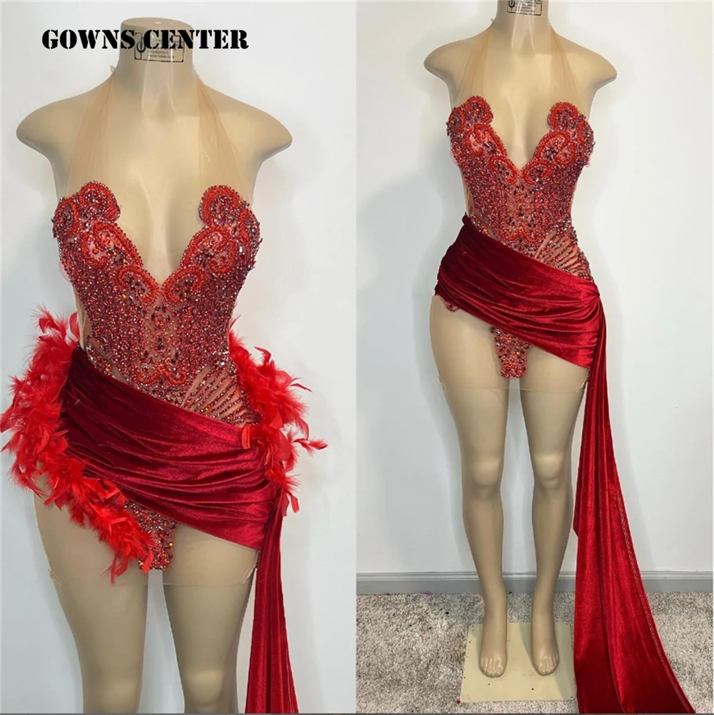 Red Velvet Rainstones Crystal Halter Prom Dress Sexy Mermaid Birthday Dress Black Girl Luxury Mini Cocktail Gown vestido de gala
Red Velvet Rainstones Crystal Halter Prom Dress Sexy Mermaid Birthday Dress Black Girl Luxury Mini Cocktail Gown vestido de gala