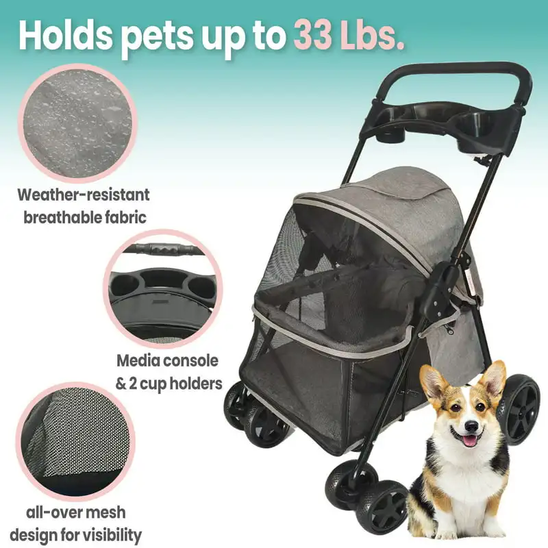Foldable, Scratch Resistant Pet Stroller for Small Dogs & Cats with Mesh Windows, Cup Holders, Storage Pockets, Lockable Wheels 
Foldable, Scratch Resistant Pet Stroller for Small Dogs & Cats with Mesh Windows, Cup Holders, Storage Pockets, Lockable Wheels