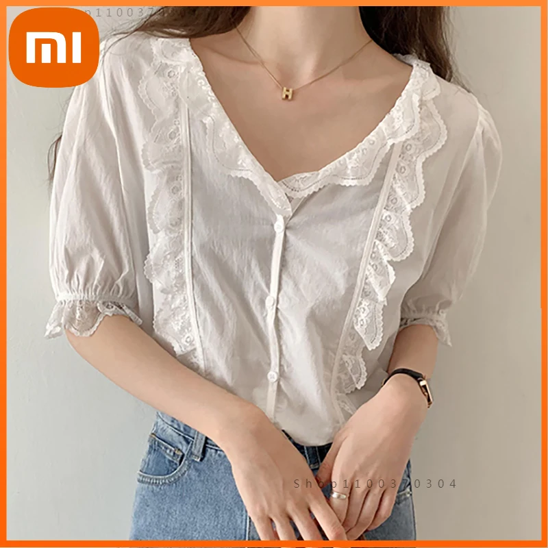 Женские летние новые модные блузки Xiaomi, белые лоскутные кружевные повседневные рубашки, женские тонкие ажурные блузки с V-образным вырезом
Женские летние новые модные блузки Xiaomi, белые лоскутные кружевные повседневные рубашки, женские тонкие ажурные блузки с V-образным вырезом