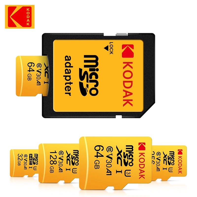 

KODAK U3 MicroSD 32GB 64GB 128GB 256GB A1 SDHC 100MB/S Grade Class 10 Memory Card C10 UHS-I TF/SD Trans Flash SDXC