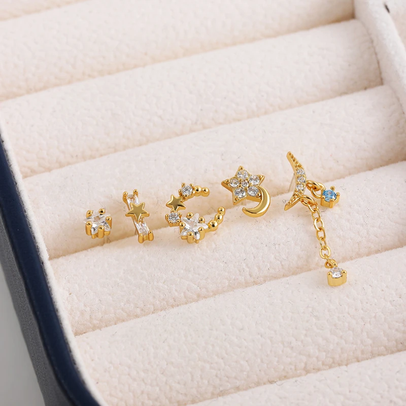 5pcs/set Small Star Moon Copper Korean Earrings for Women Girls Statement CZ Crystal Ear Studs New Fashion Jewelry
5pcs/set Small Star Moon Copper Korean Earrings for Women Girls Statement CZ Crystal Ear Studs New Fashion Jewelry
