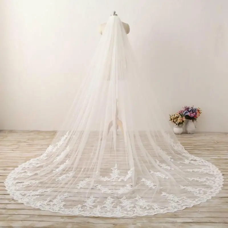 

Bridal Veils Romantic Royal Cathedral Wedding Lace Veil Soft Tulle Chapel With Plain Edge Long Ivory