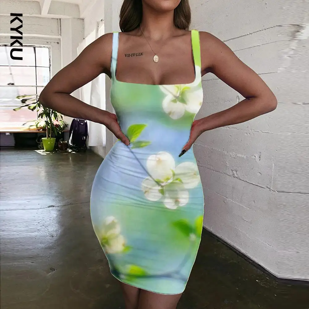 

KYKU Flower Dress Women Fascinating 3d Print Grace Vestido Sexy Beach Sundress Womens Clothing Club Short Korean Style Femme