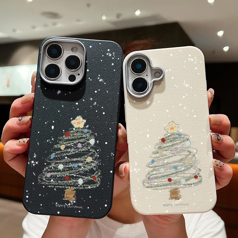 Кожаный текстурированный чехол с принтом рождественской елки для iPhone 16 15 Pro Max 14