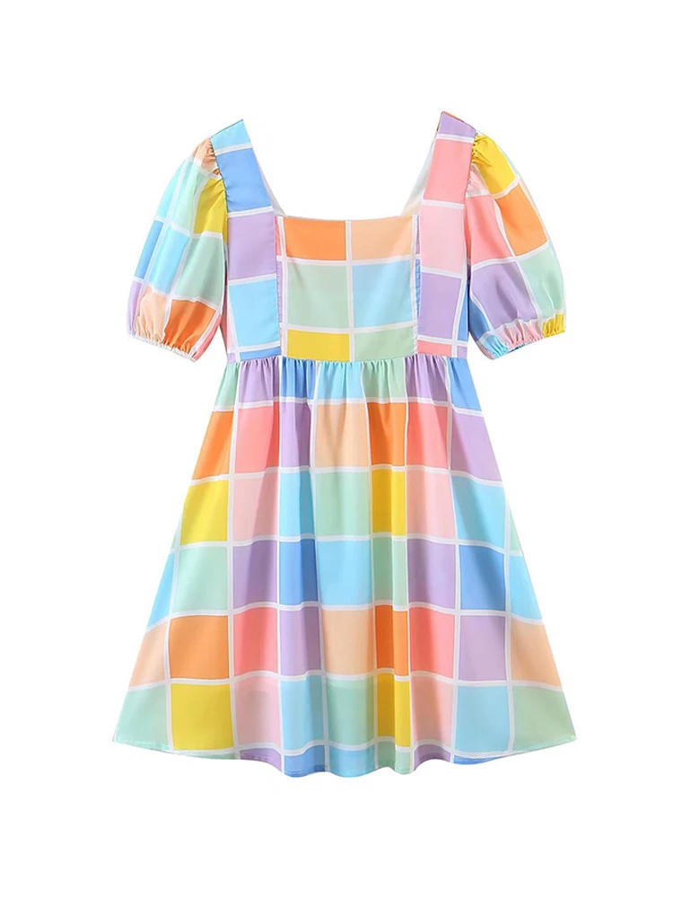 Summer Square Collar Puff Sleeve Dress Women Elastic Backless Colorful Square Print A-line Mini Fairy Dresses With Lining 2022
Summer Square Collar Puff Sleeve Dress Women Elastic Backless Colorful Square Print A-line Mini Fairy Dresses With Lining 2022