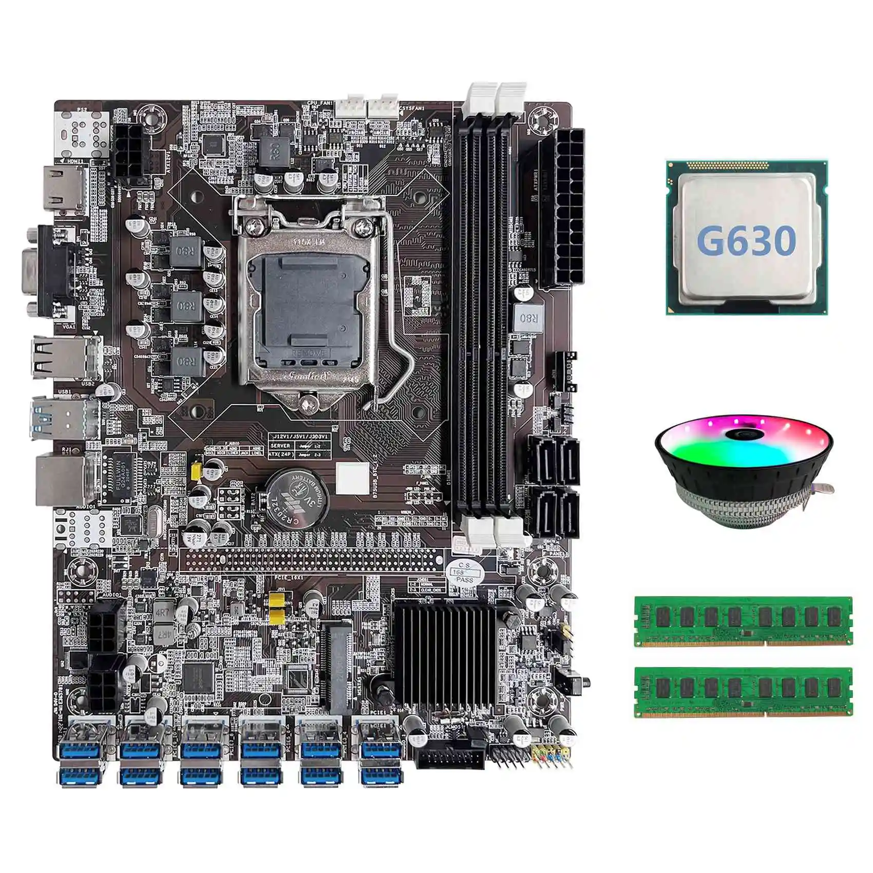B75 ETH Mining Motherboard 12 PCIE to USB LGA1155 Motherboard with G630 CPU+2XDDR3 4GB 1600Mhz RAM+RGB Cooling Fan
B75 ETH Mining Motherboard 12 PCIE to USB LGA1155 Motherboard with G630 CPU+2XDDR3 4GB 1600Mhz RAM+RGB Cooling Fan