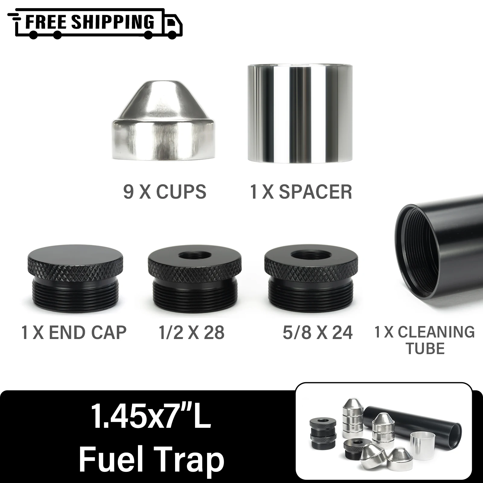7''L 1.45"OD Aluminum end caps 1/2x28+5/8x24 Solvent Cleaning Filter Kit with 9pcs Stainless Steel Baffle Cone Cups in Spacer 
7''L 1.45"OD Aluminum end caps 1/2x28+5/8x24 Solvent Cleaning Filter Kit with 9pcs Stainless Steel Baffle Cone Cups in Spacer