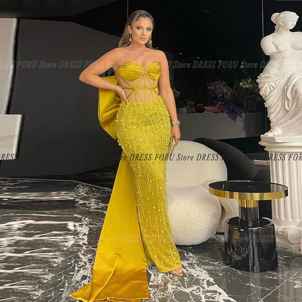 

Pmwrun Gold Mermaid Prom Dresses Bow Long Train Wiht Bead Pearls Floor Length Strapless Pageat Evening Party Gown Vestido Fiesta