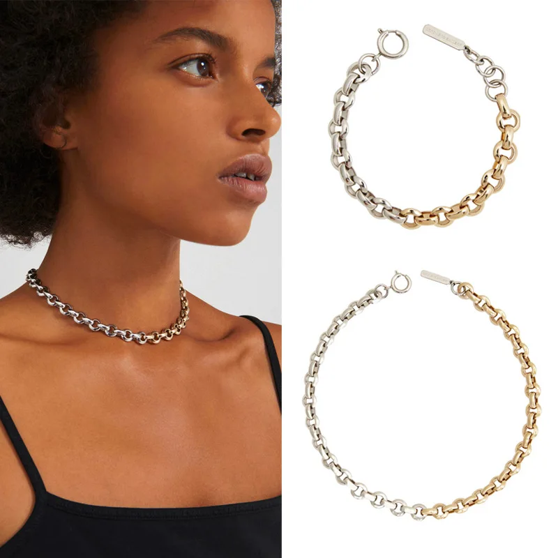 

LONDANY necklace new gold and silver color metallic wind chain short necklace bracelet set female choker collarbone chain