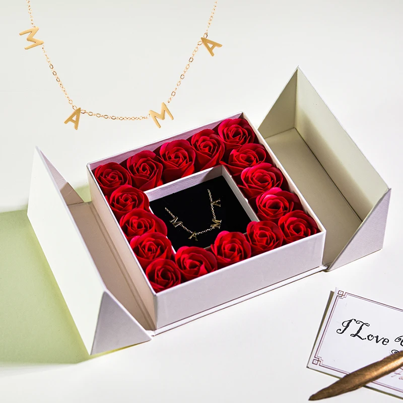 Mothers Day Soap Rose Gift Box Mama Letter Pendant Necklace Set Jewelry Storage Box Birthday Anniversary Love Gift for Women
Mothers Day Soap Rose Gift Box Mama Letter Pendant Necklace Set Jewelry Storage Box Birthday Anniversary Love Gift for Women
