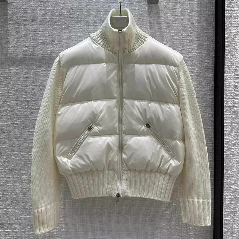 

Женская куртка для гольфа, новинка 2023, пуховик, женская вязаная комбинированная куртка с белым гусиным пухом и воротником-стойкой